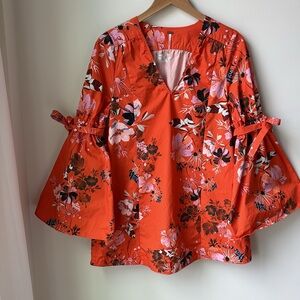 Free People Lover of Mine Bell Sleeve Mini Dress V Neck Orange Floral Size XS